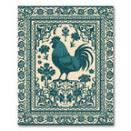 Teal Rooster Floral Bordered Rug