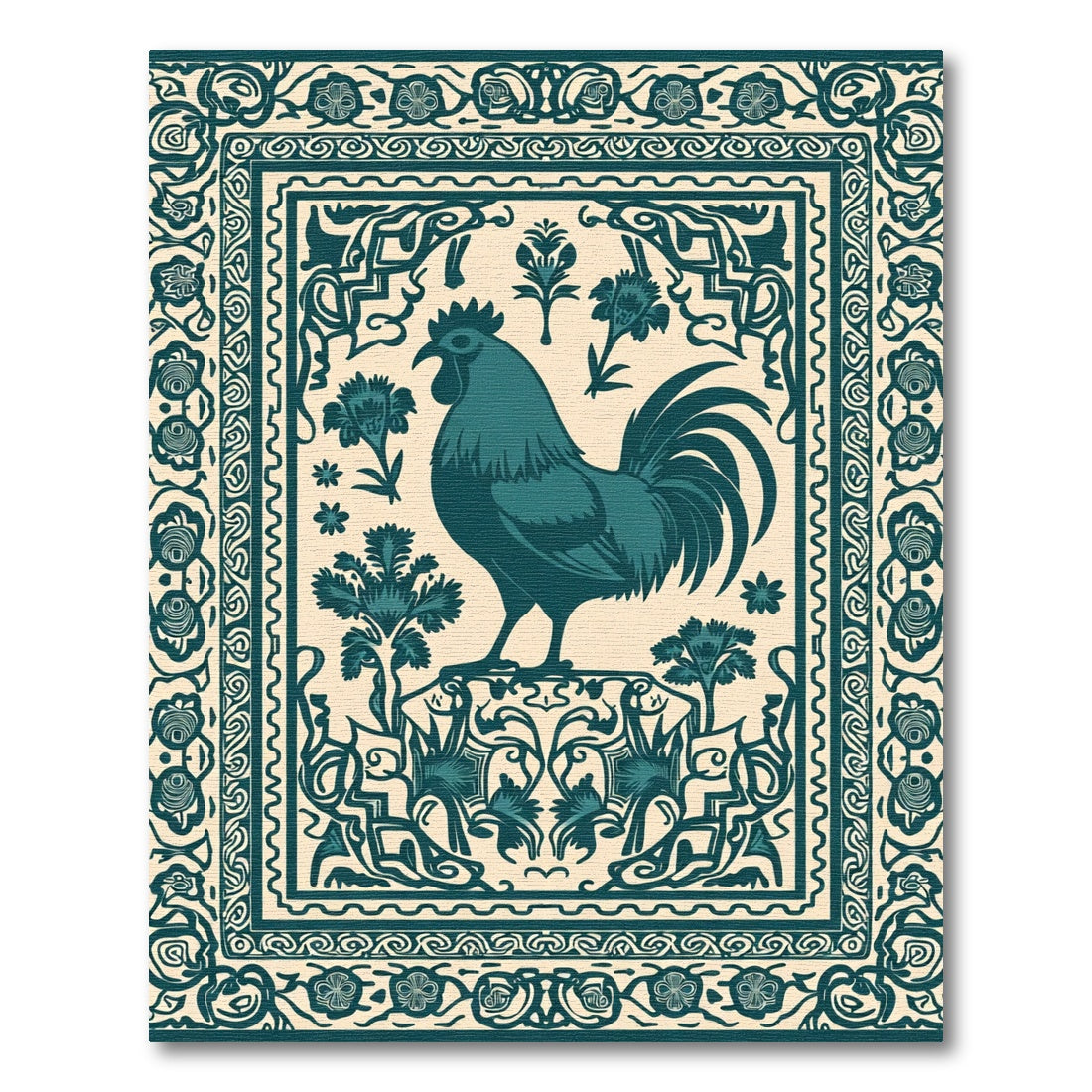Teal Rooster Floral Bordered Rug