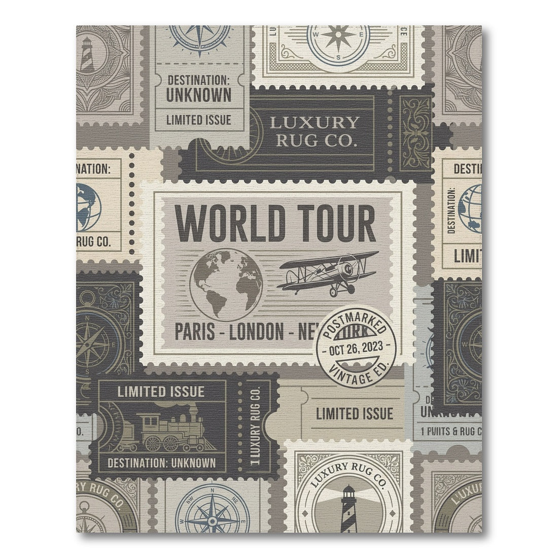 Vintage Travel Stamp Airplane Globe Rug