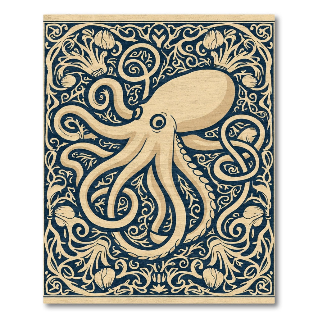 Cream Octopus Deep Navy Floral Frame Rug