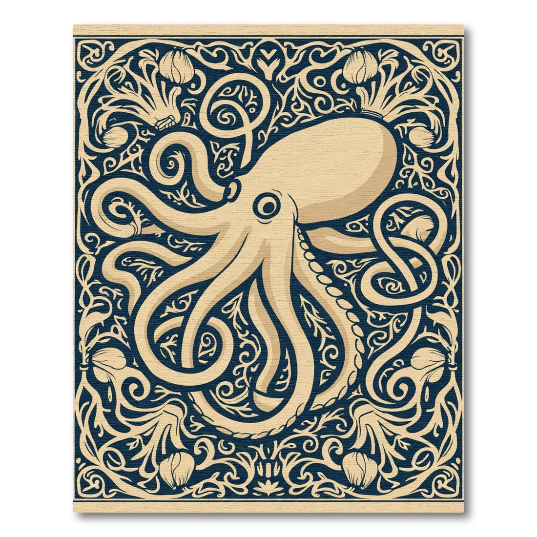 Cream Octopus Deep Navy Floral Frame Rug