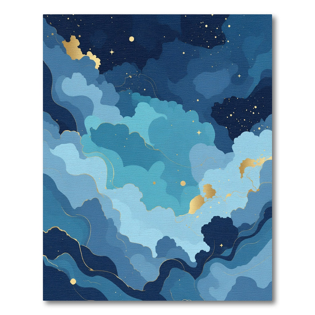 Deep Blue Sky Swirls Gold Stars Rug