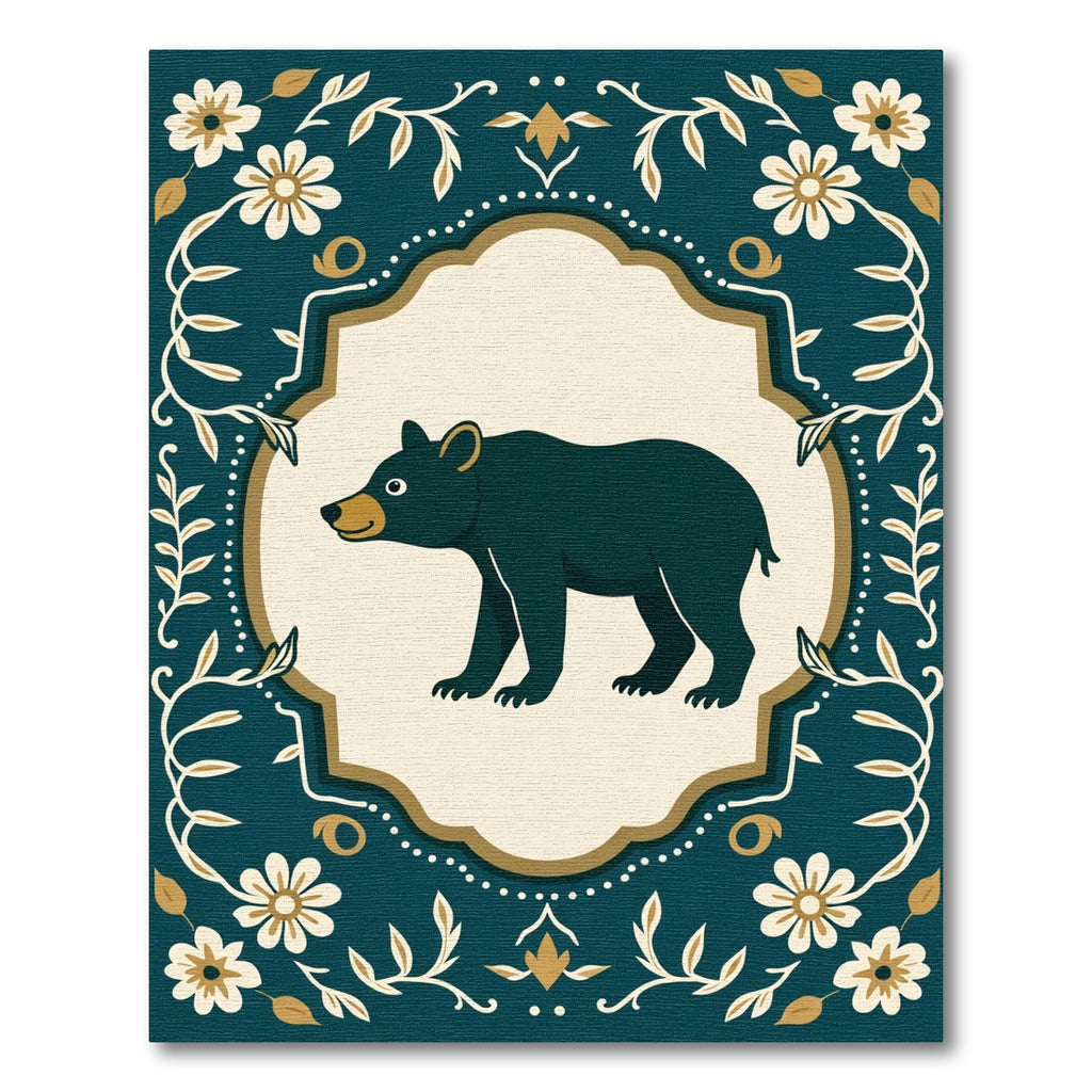 Dark Teal Bear Floral Folk Art Rug