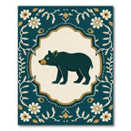 Dark Teal Bear Floral Folk Art Rug