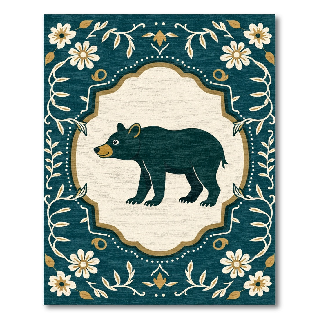 Dark Teal Bear Floral Folk Art Rug