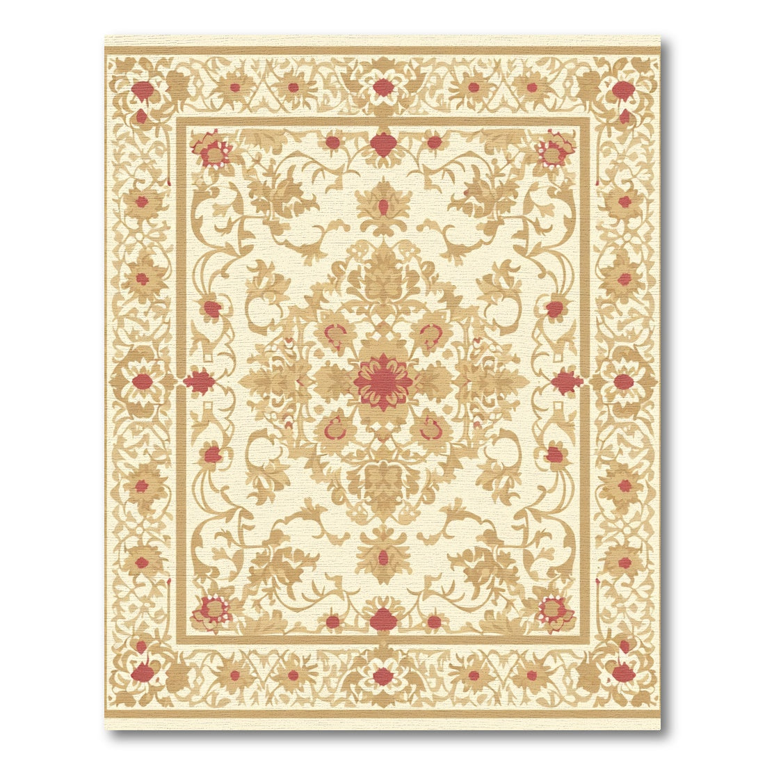 Cream Red Floral Damask Medallion Rug