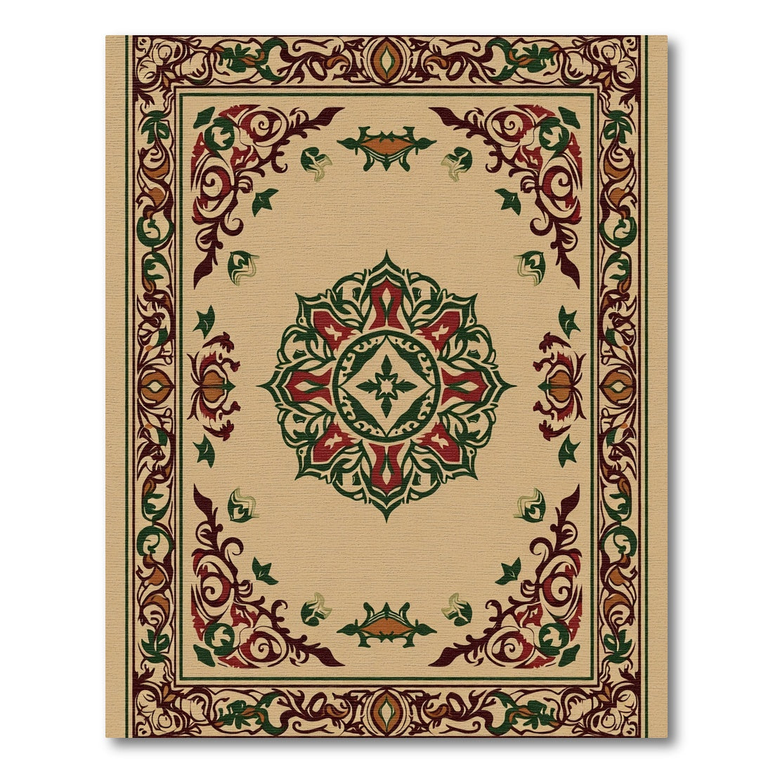 Crimson Green Floral Medallion Border Rug