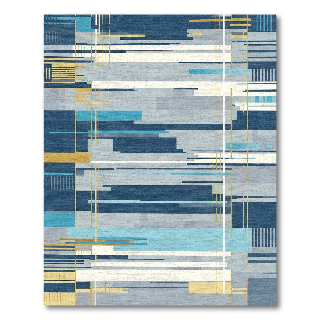 Modern Blue Gold Geometric Stripe Rug