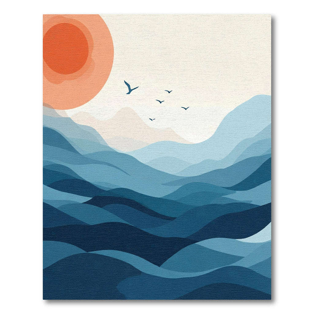 Crimson Sun Blue Mountain Abstract Waves Rug