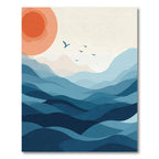 Crimson Sun Blue Mountain Abstract Waves Rug