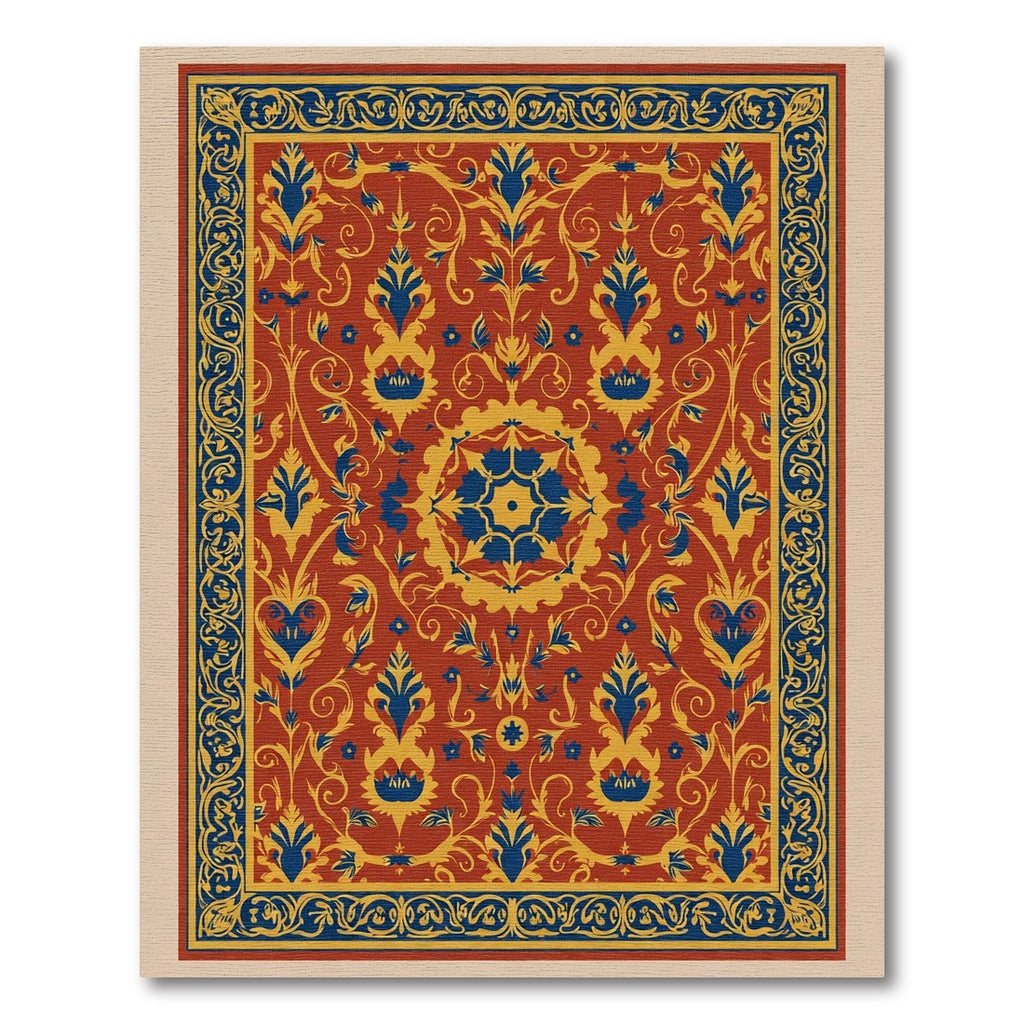 Crimson Blue Yellow Floral Medallion Border Rug