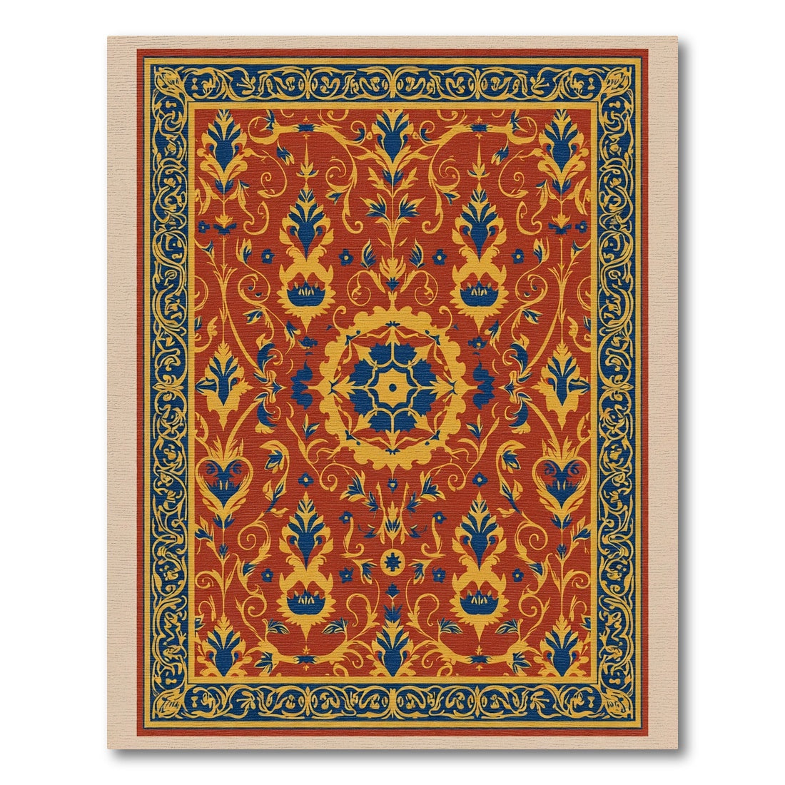 Crimson Blue Yellow Floral Medallion Border Rug
