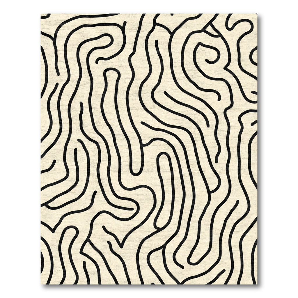 Creamy Black Line Abstract Maze Rug