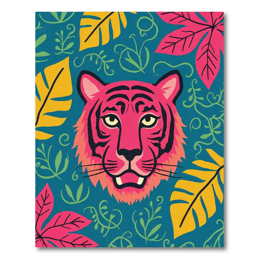 Vibrant Pink Tiger Jungle Leaves Rug