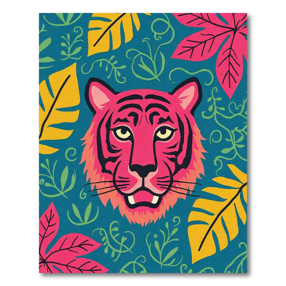 Vibrant Pink Tiger Jungle Leaves Rug