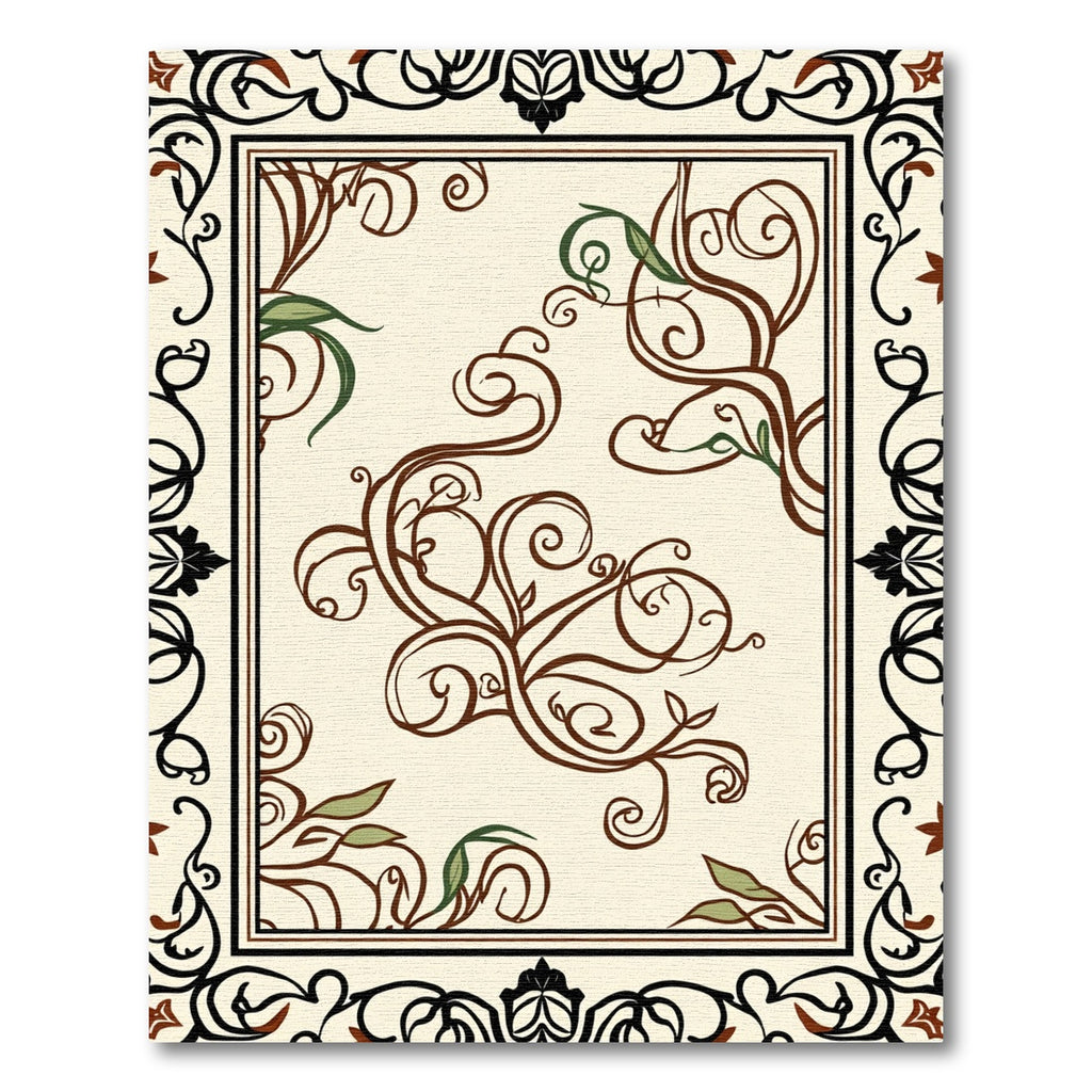 Cream Brown Leafy Scroll Border Rug