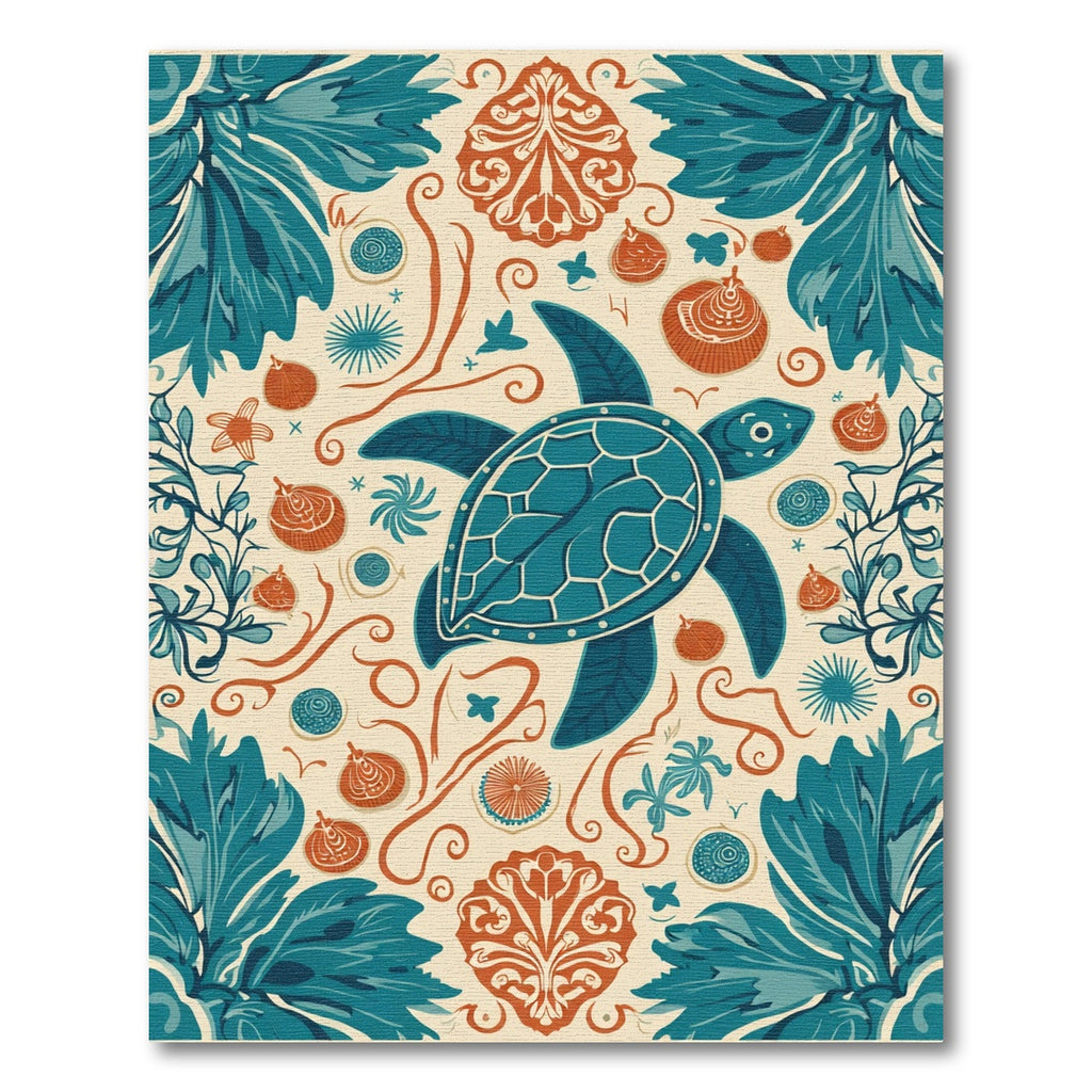 Deep Teal Turtle Shell Coastal Folk Art Rug