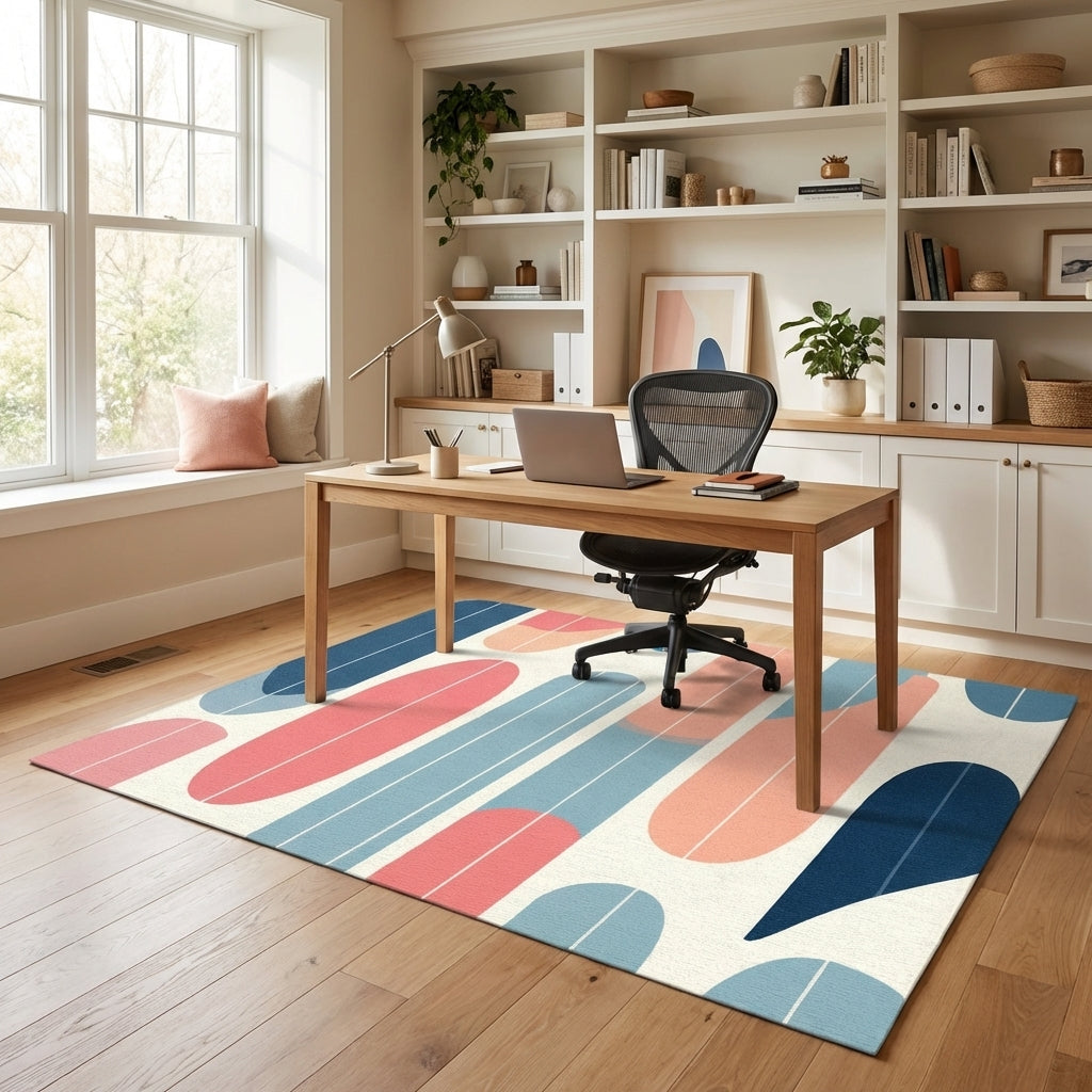 Mid Century Arches Blue Pink Cream Rug