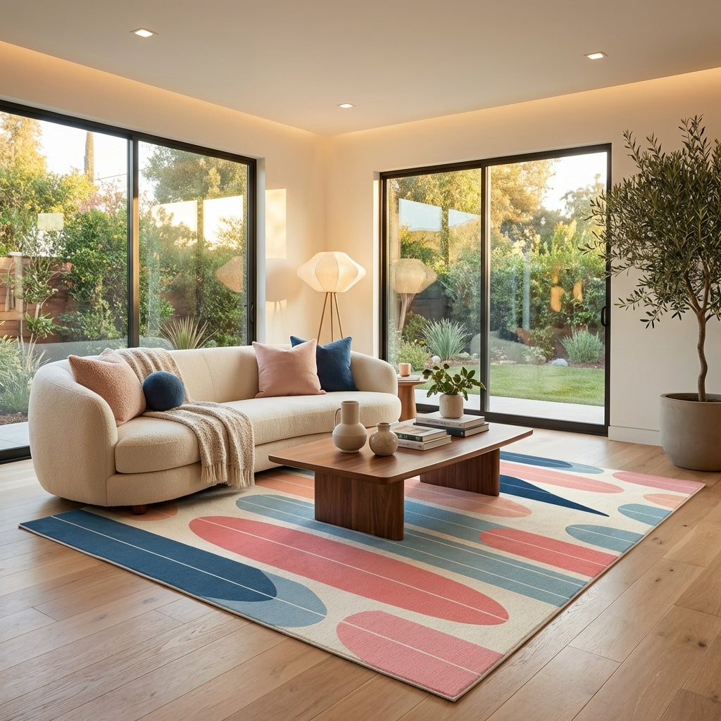 Mid Century Arches Blue Pink Cream Rug