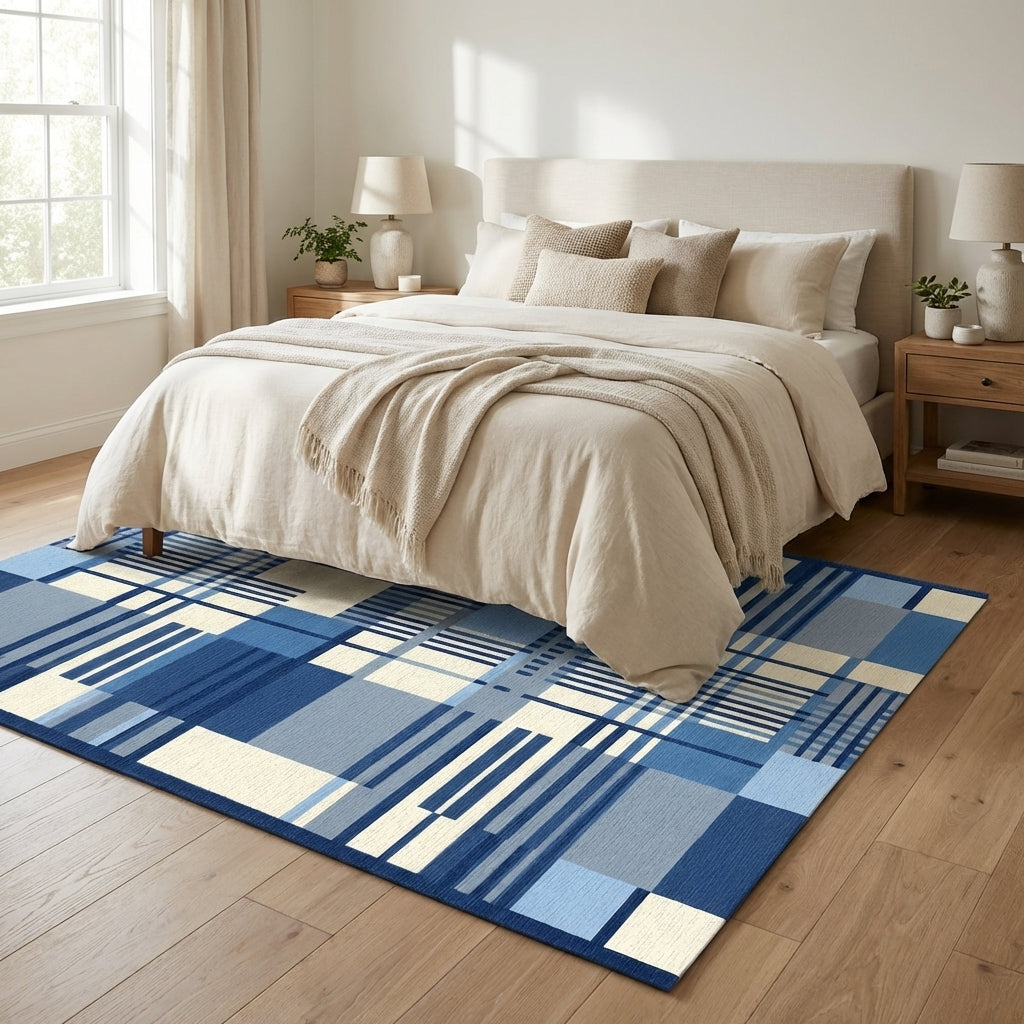 Modern Navy Blue Plaid Patchwork Area Rug