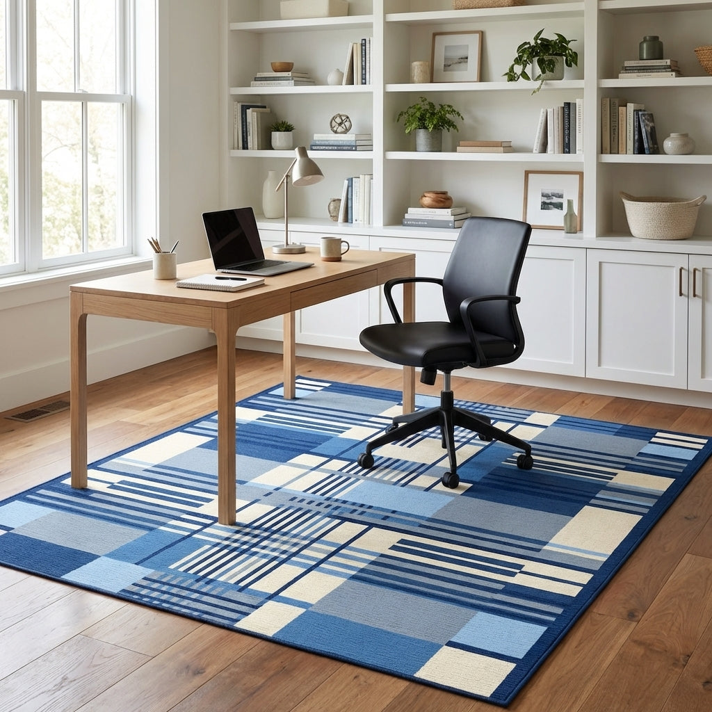 Modern Navy Blue Plaid Patchwork Area Rug