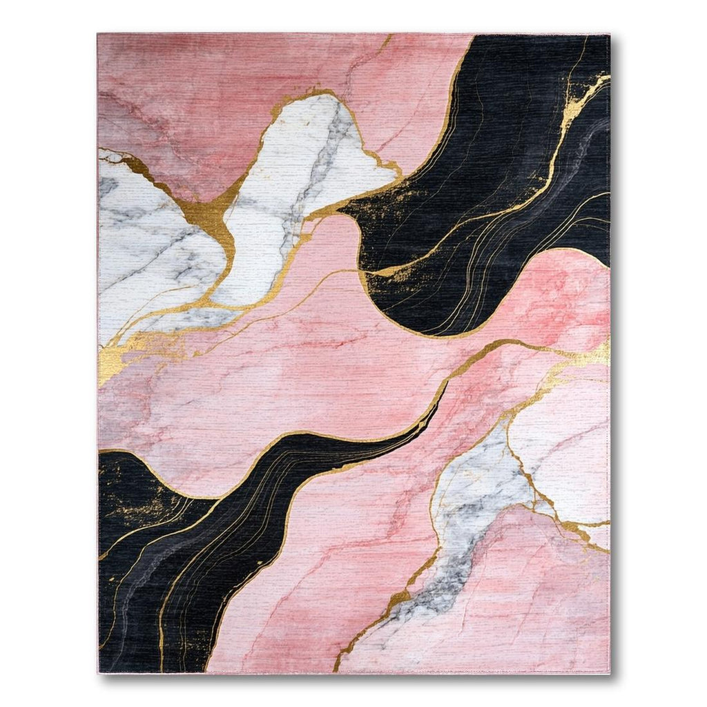 Modern Pink Black Gold Fluid Pattern Rug - Washable Flatwoven Chenille