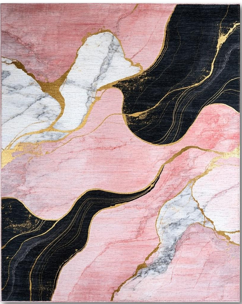 Modern Pink Black Gold Fluid Pattern Rug - Washable Flatwoven Chenille