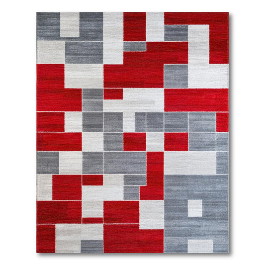 Modern Red Gray Geometric Block Rug(Red)