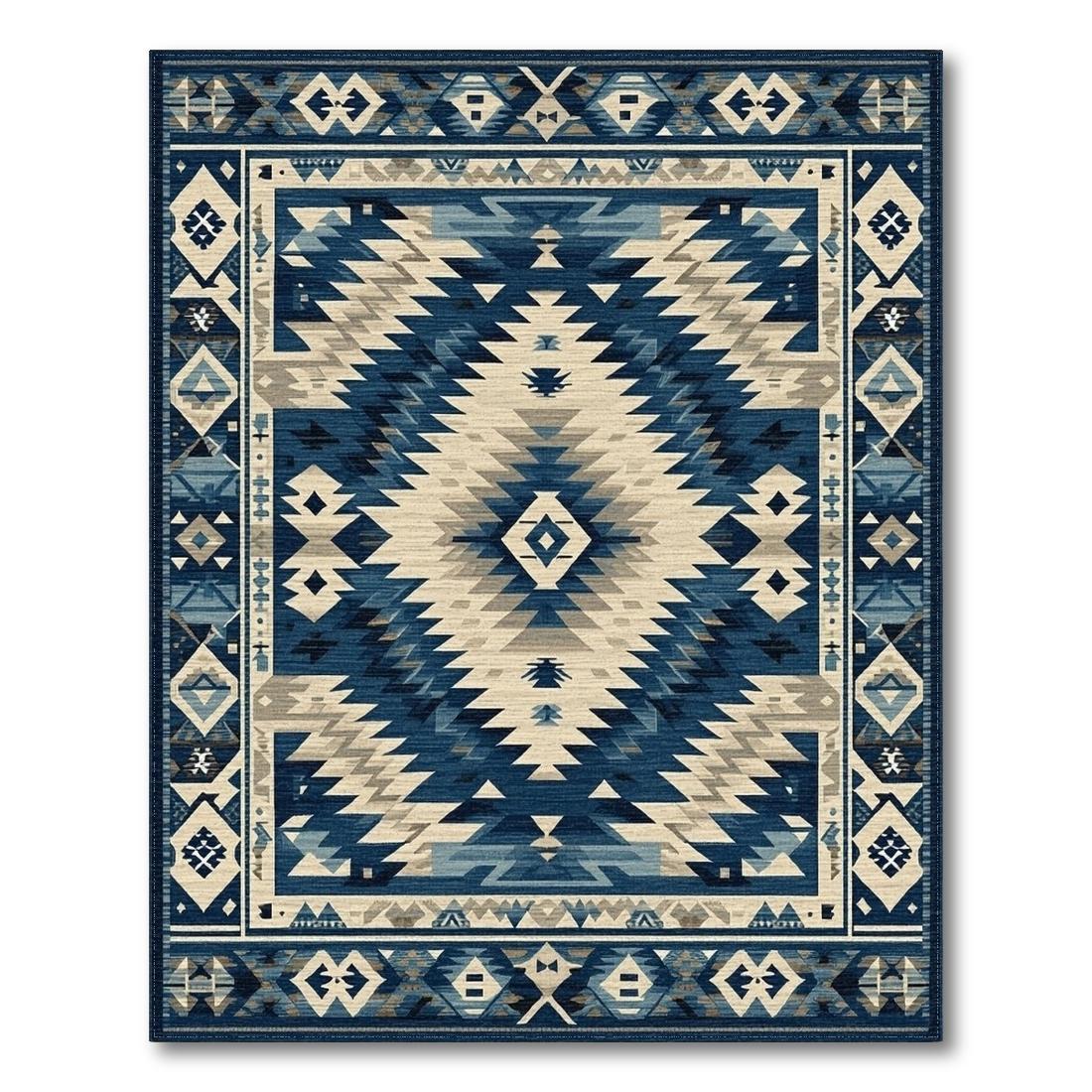 Navy Beige Tribal Geometric Vibrant Rug(Blue)