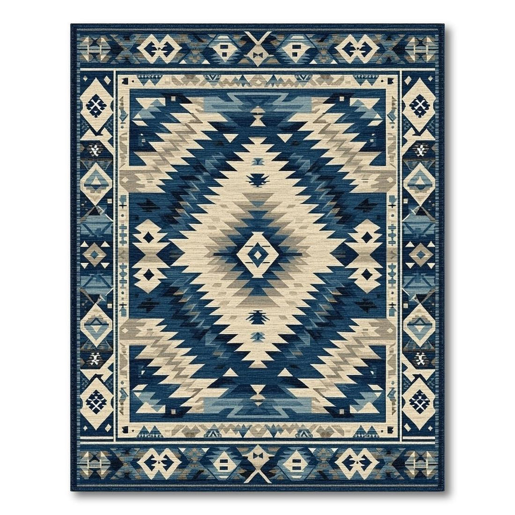 Navy Beige Tribal Geometric Vibrant Rug(Blue)