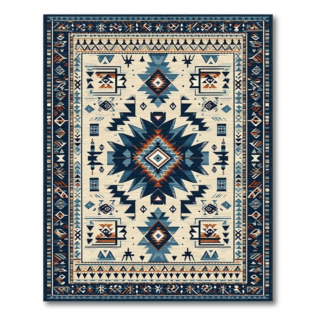 Navy Blue Geometric Tribal Vibrant Rug(Beige)