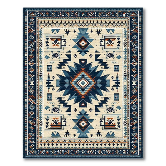 Navy Blue Geometric Tribal Vibrant Rug(Beige)