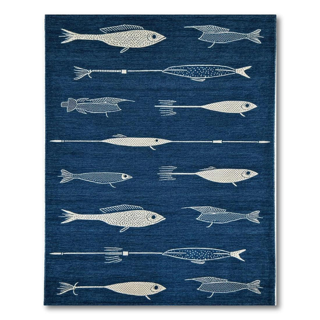 Navy Blue Whimsical Fish Print Rug(Blue)