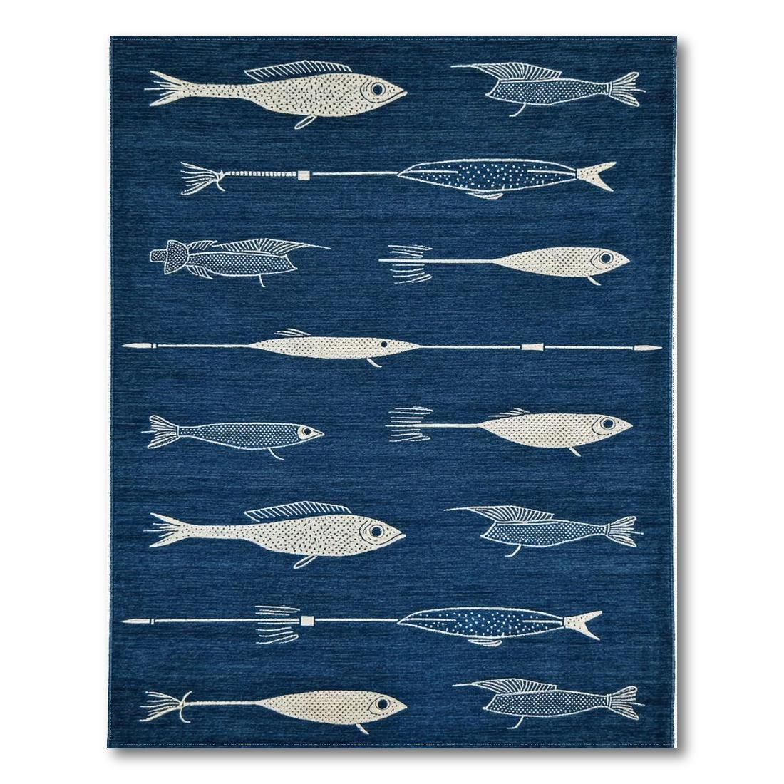 Navy Blue Whimsical Fish Print Rug(Blue)