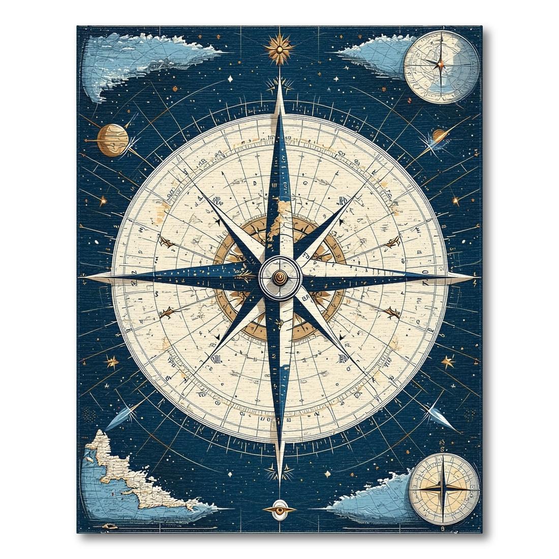 Navy & Cream Vintage Compass Adventure Rug(Blue)