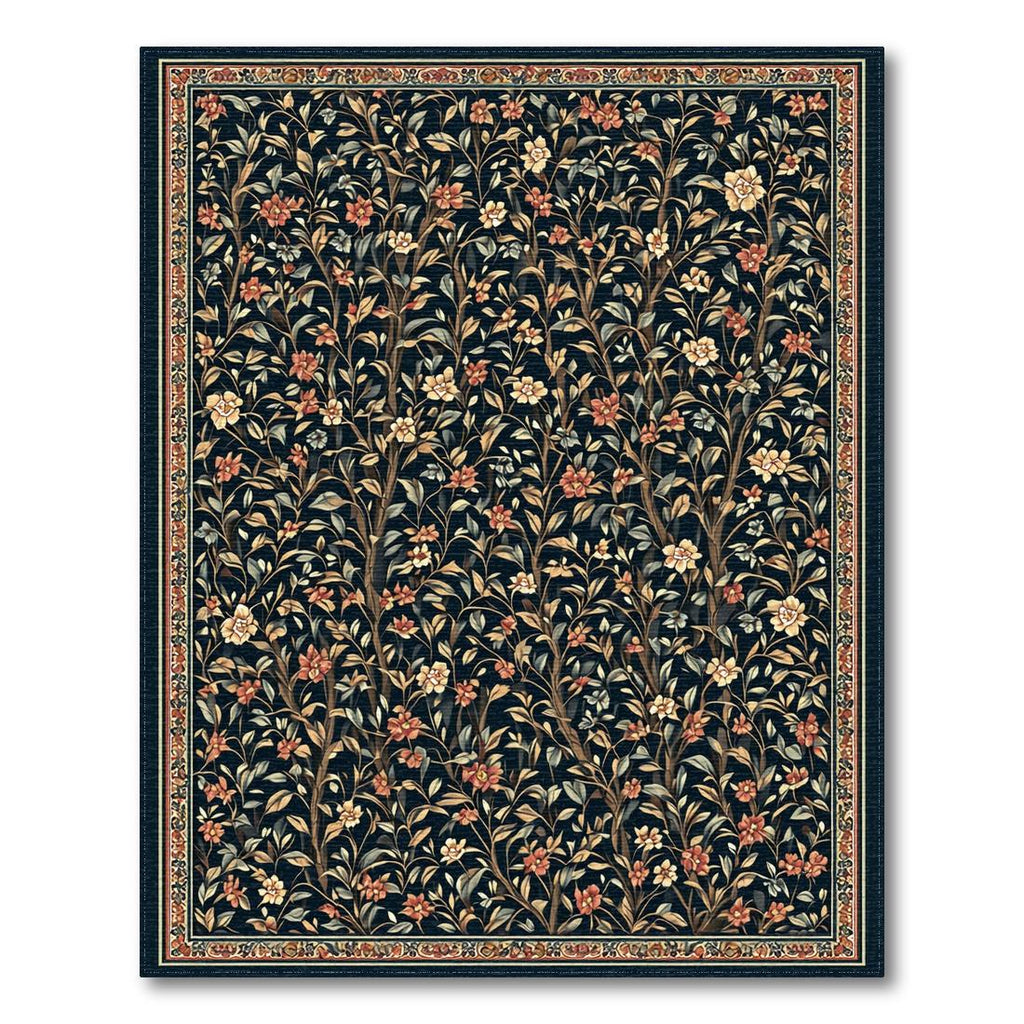 Navy Floral Elegant Rug(Black)