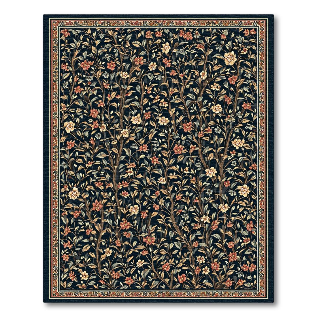 Navy Floral Elegant Rug(Black)