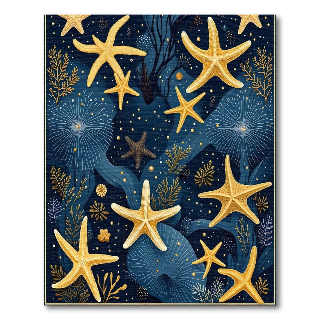 Navy Gold Starfish Serene Ocean Rug(Blue)