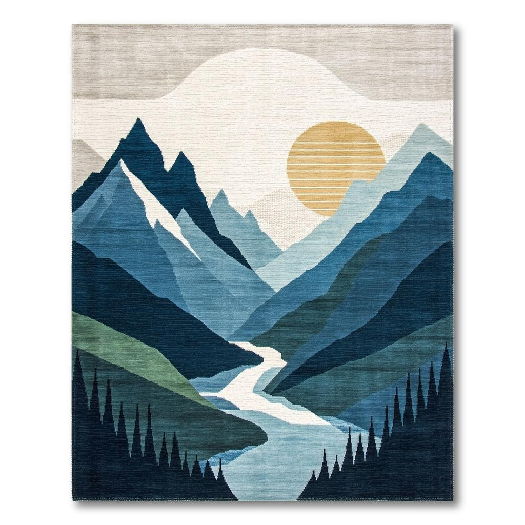 Navy Teal Mountain Landscape Rug