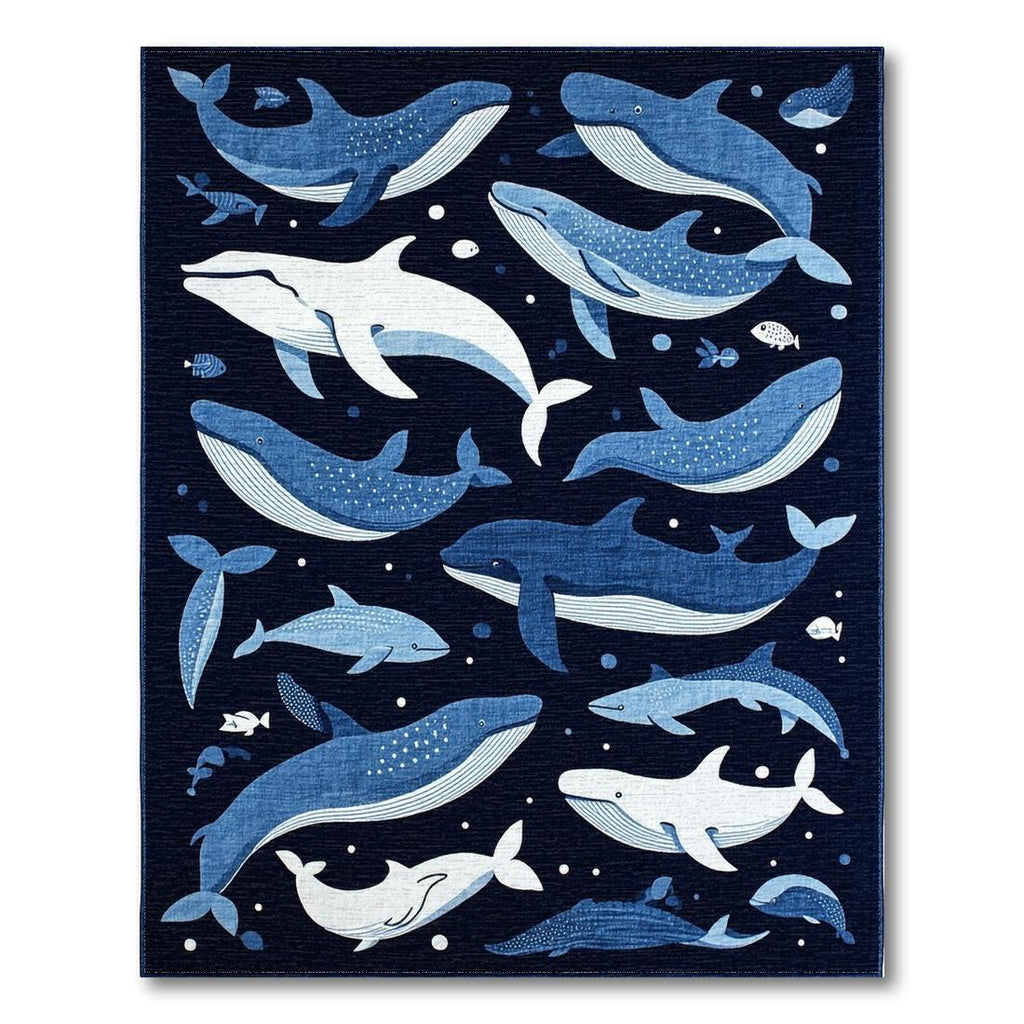 Navy Whale & Fish Playful Rug(Blue)