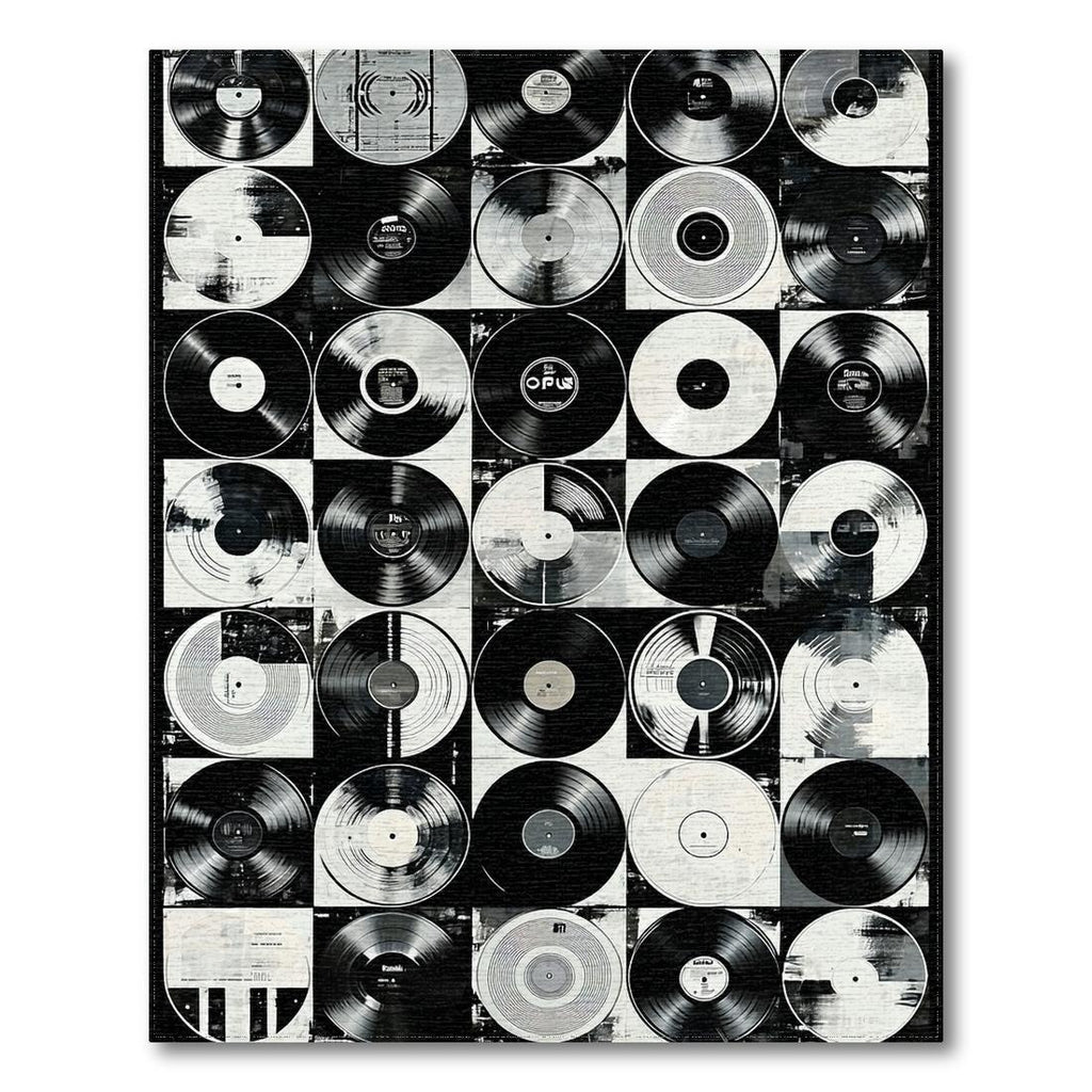 Nostalgic black-and-white vinyl record collage rug