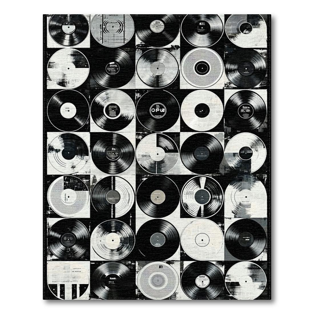 Nostalgic black-and-white vinyl record collage rug