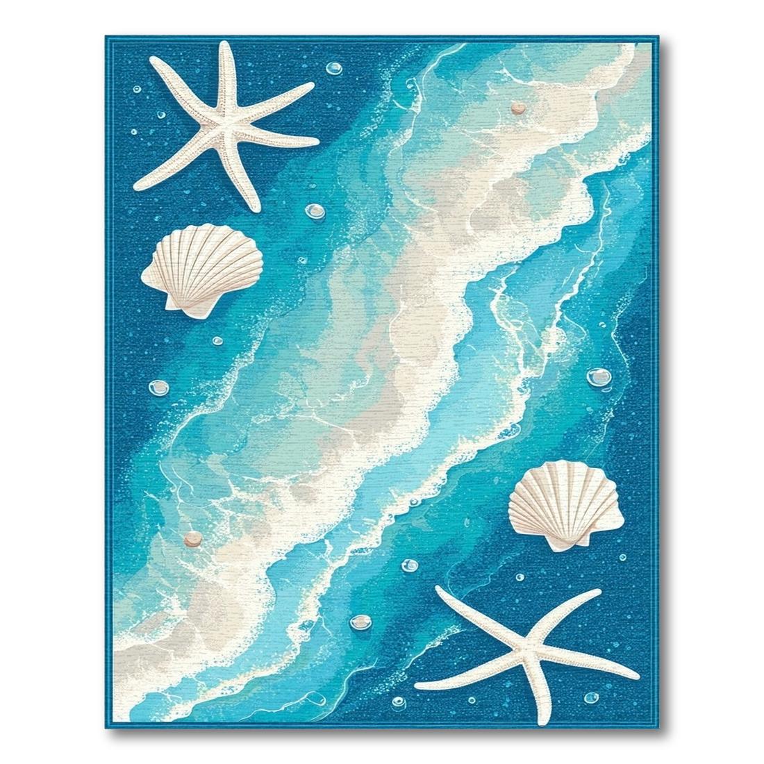 Ocean Blue Coastal Seashell Starfish Rug(Blue)