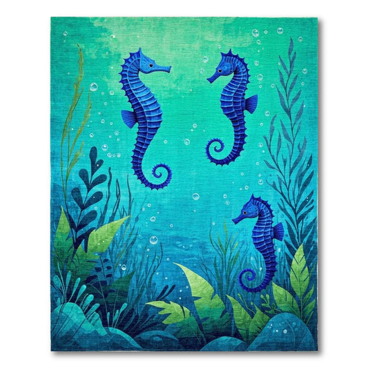 Playful Teal Seahorse Underwater Rug(Blue)