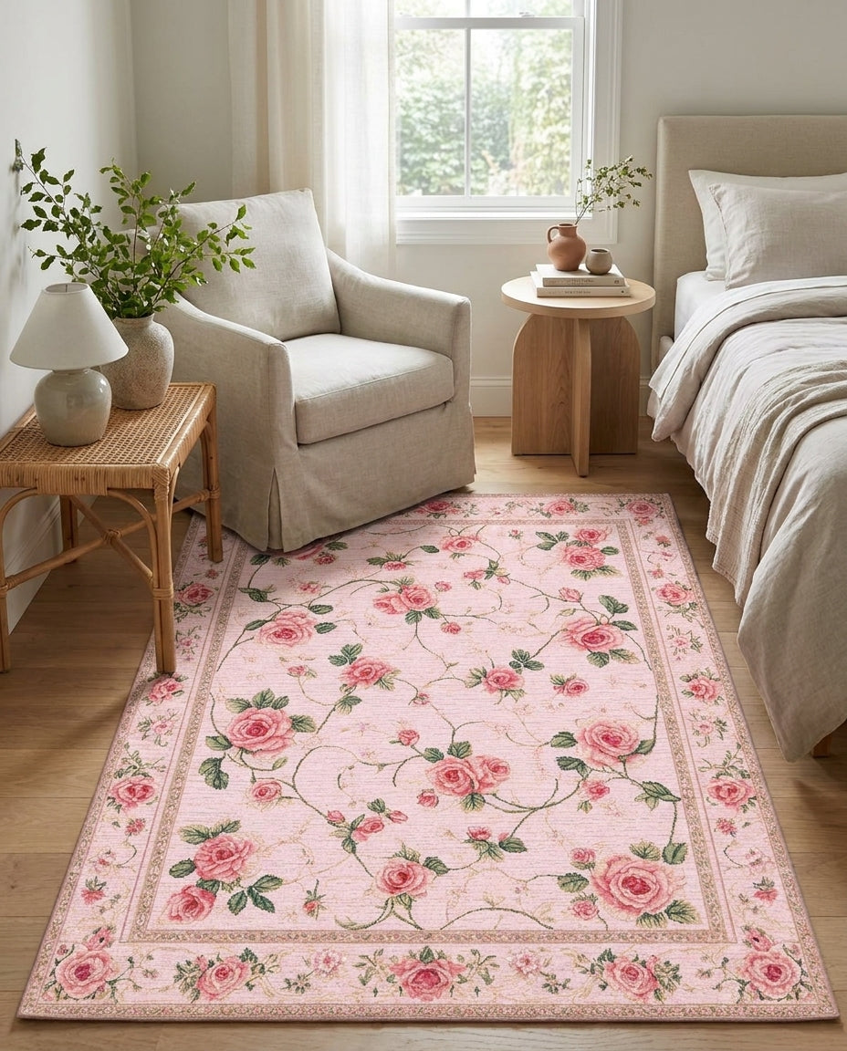 Romantic Pink Rose Floral Rug