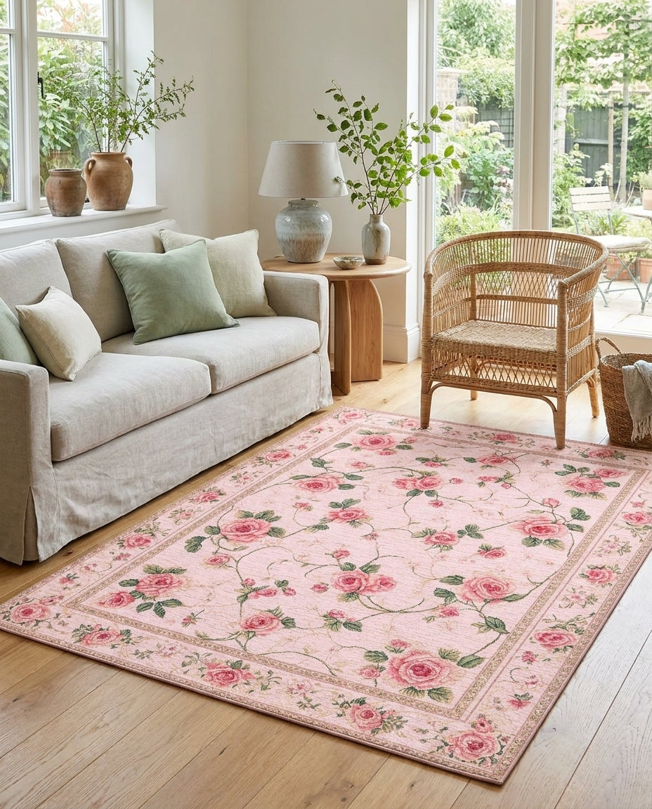 Romantic Pink Rose Floral Rug