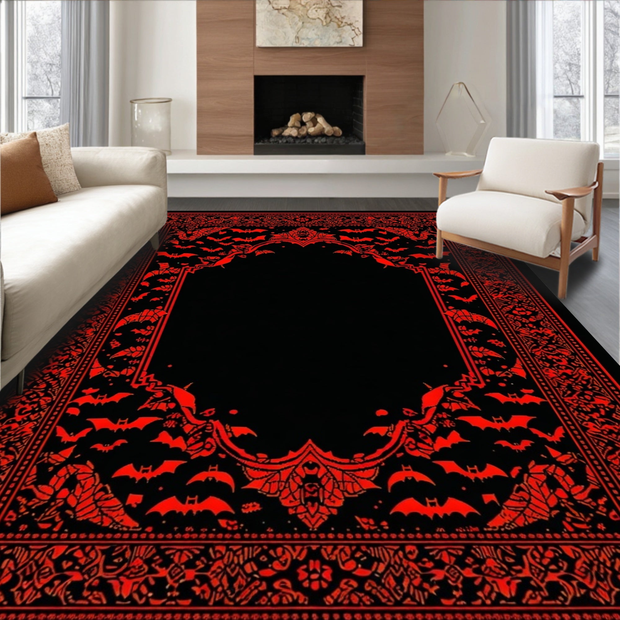 Gothic Red Black Bat Rug(Black)
