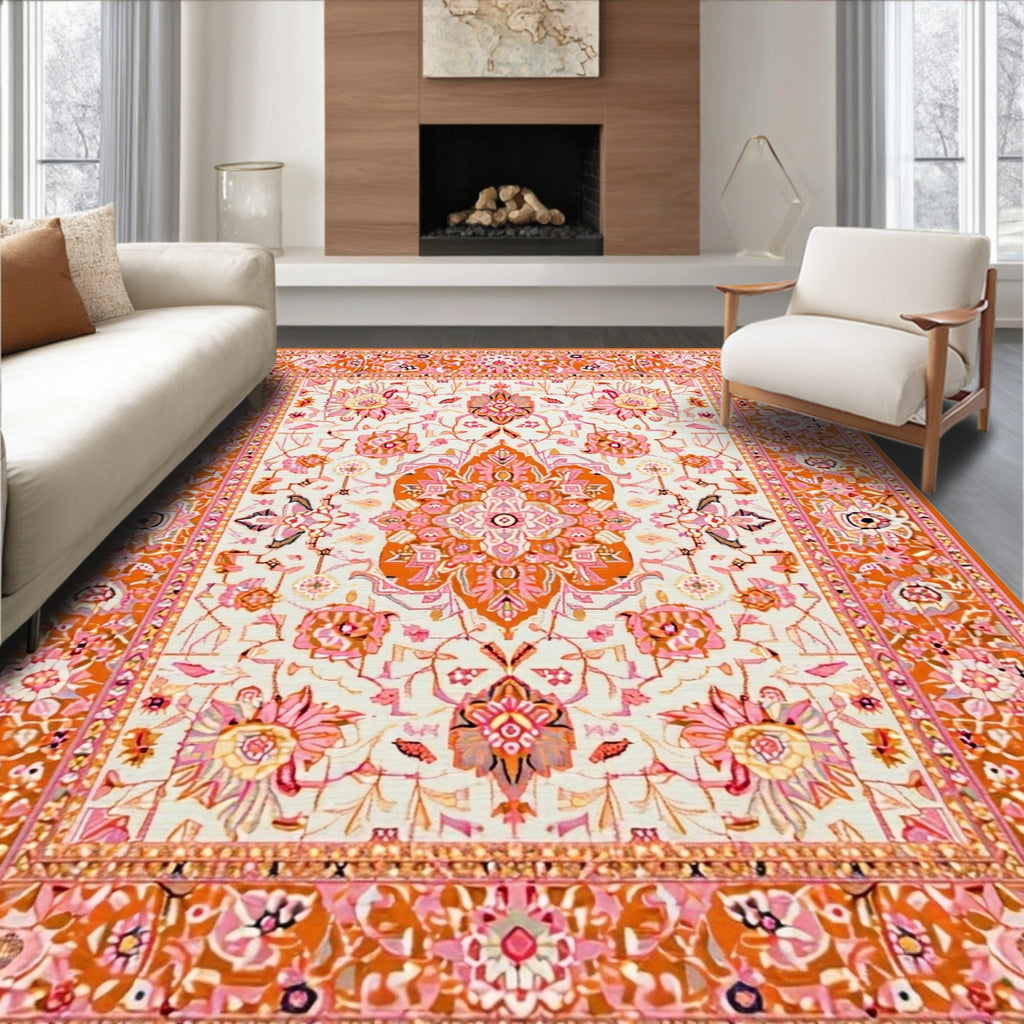 Vibrant Terracotta-Pink Ornate Floral Rug(Orange)