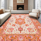 Vibrant Terracotta-Pink Ornate Floral Rug(Orange)