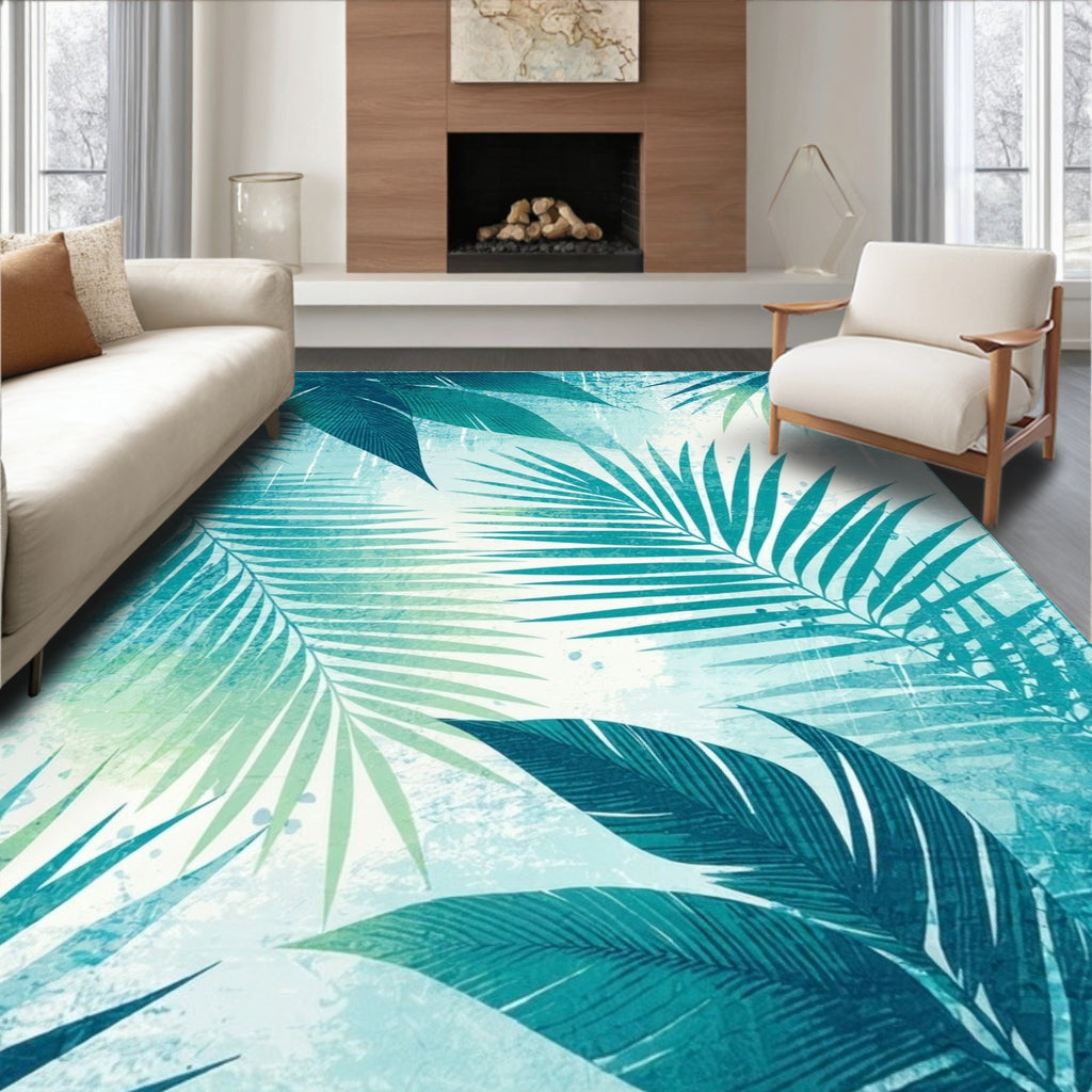 Teal Tropical Palm Leaf Refreshing Rug